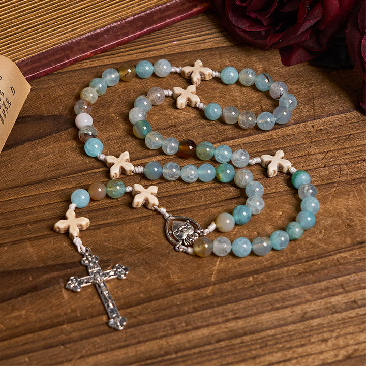 Christianartworkshop Rosenkranz „Gelassenheit im Gebet“: Handgefertigter Frieden und Hingabe mit 8 mm himmelblauen Achatperlen