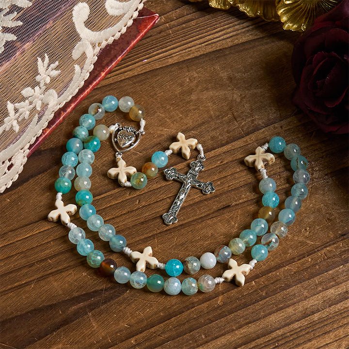 Christianartworkshop Rosenkranz „Gelassenheit im Gebet“: Handgefertigter Frieden und Hingabe mit 8 mm himmelblauen Achatperlen
