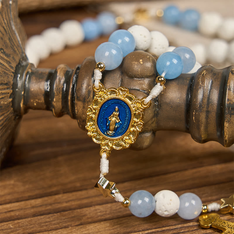 Christianartworkshop Starry Divine Handgemachter Rosenkranz: Blaue Achatperlen und himmlische goldene Akzente