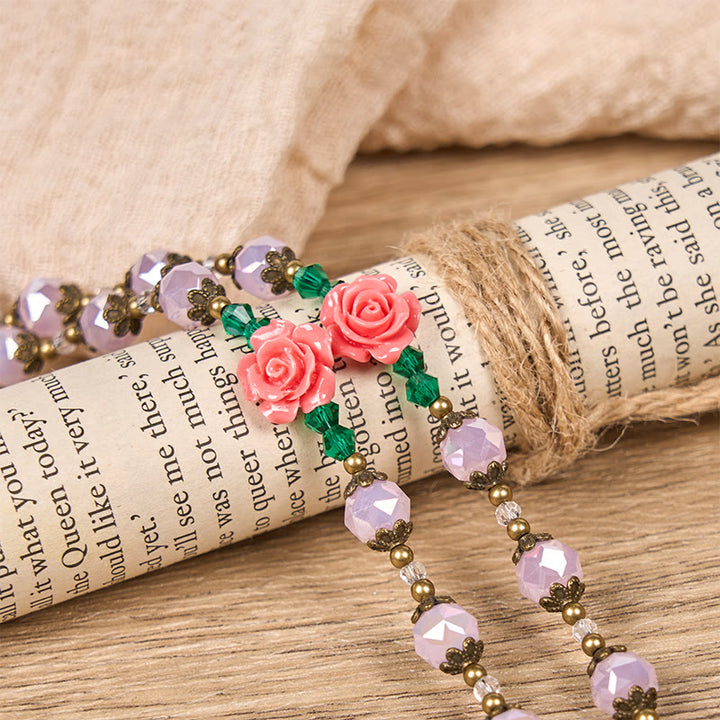 Christianartworkshop Handgefertigter Rosenkranz aus floralem Kristall: Hellrosa Perlen, Blüte der Anmut, Eleganz und Hingabe