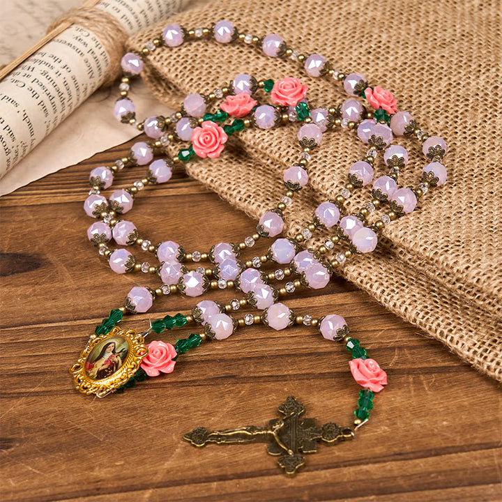 Christianartworkshop Handgefertigter Rosenkranz aus floralem Kristall: Hellrosa Perlen, Blüte der Anmut, Eleganz und Hingabe