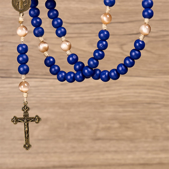 Christianartworkshop Handgefertigter blauer Rosenkranz aus Holz: Ozean des Glaubens, Einfachheit und Heiligkeit, 10 mm Perlen