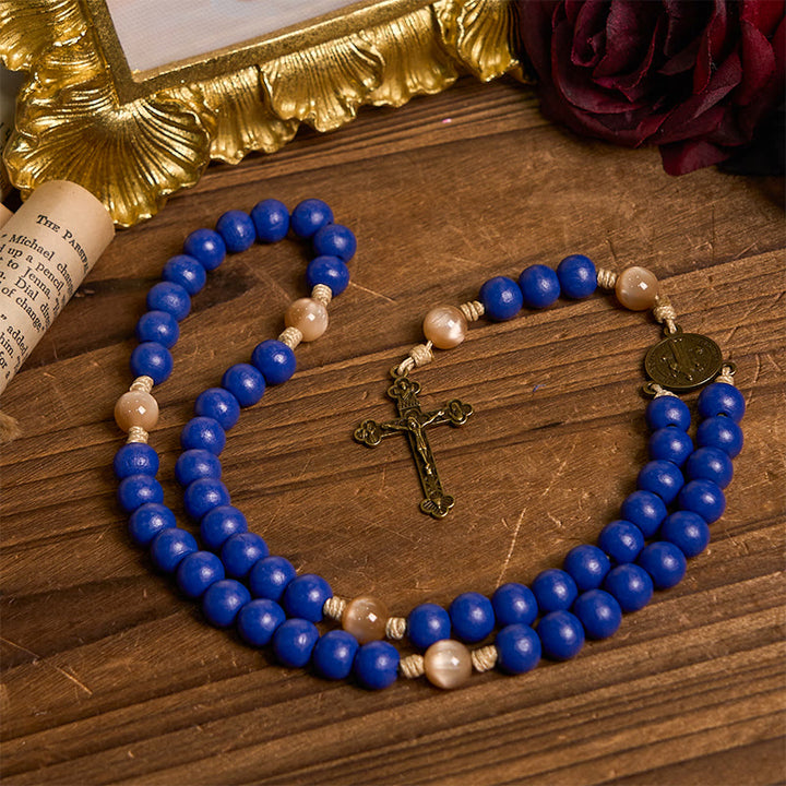 Christianartworkshop Handgefertigter blauer Rosenkranz aus Holz: Ozean des Glaubens, Einfachheit und Heiligkeit, 10 mm Perlen