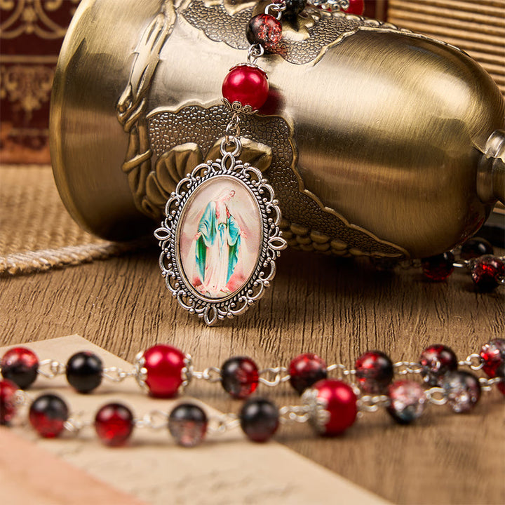 Christianartworkshop Rosenkranz mit Heiliger Gail und Wundertätiger Medaille aus 8 mm runden schwarz-roten Glasperlen