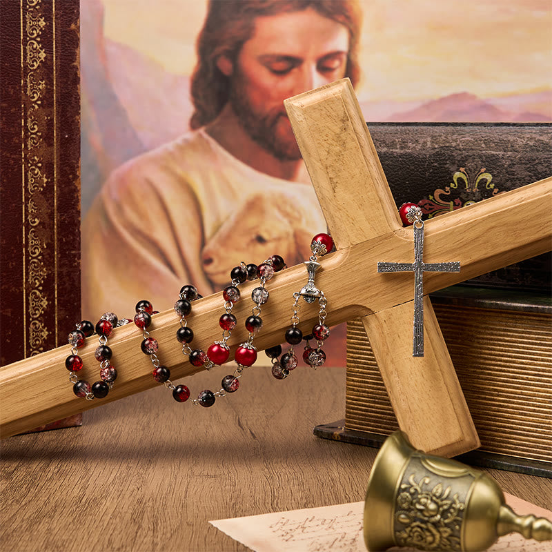 Christianartworkshop Rosenkranz mit Heiliger Gail und Wundertätiger Medaille aus 8 mm runden schwarz-roten Glasperlen