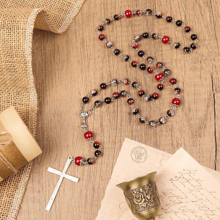 Christianartworkshop Rosenkranz mit Heiliger Gail und Wundertätiger Medaille aus 8 mm runden schwarz-roten Glasperlen