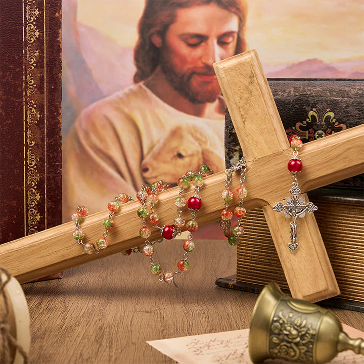 Christianartworkshop Rosenkranz-Medaille mit Jesus-Herz und Heirat, 8 mm, orange-grüne Glasperlen