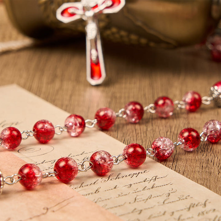 Christianartworkshop Rosenkranz mit Jungfrau Maria und Kruzifix aus runden 8 mm roten Glasperlen