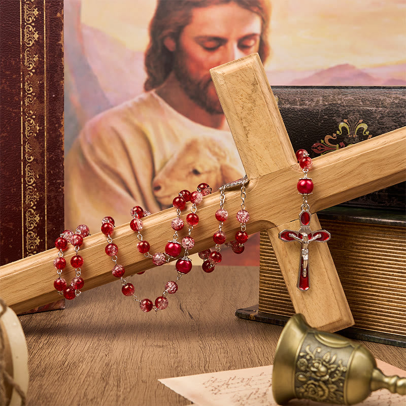 Christianartworkshop Rosenkranz mit Jungfrau Maria und Kruzifix aus runden 8 mm roten Glasperlen