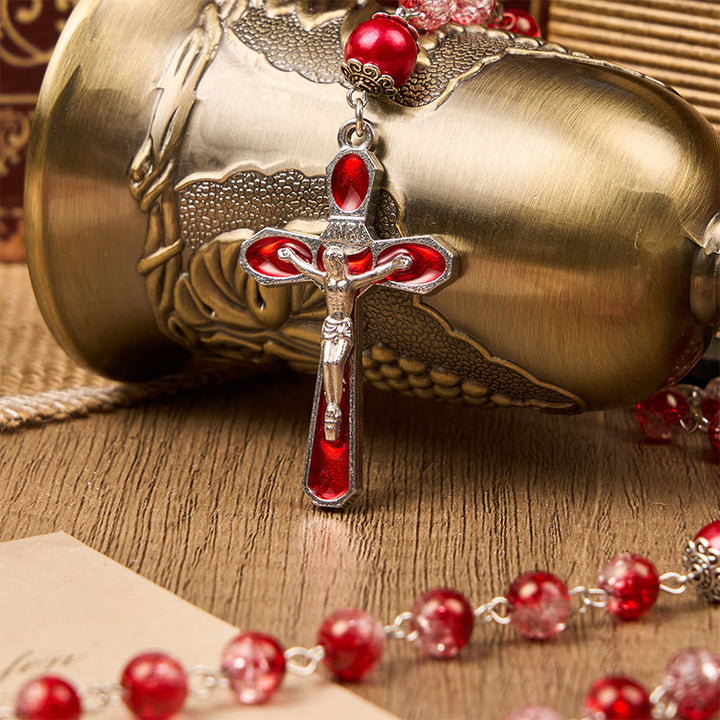 Christianartworkshop Rosenkranz mit Jungfrau Maria und Kruzifix aus runden 8 mm roten Glasperlen
