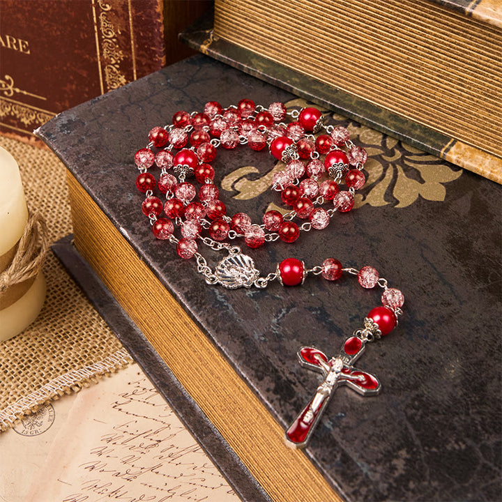 Christianartworkshop Rosenkranz mit Jungfrau Maria und Kruzifix aus runden 8 mm roten Glasperlen