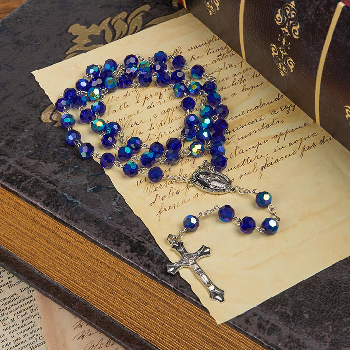 Christianartworkshop Wundertätige Medaille und Kruzifix aus 8 mm blauen funkelnden Glasperlen, Rosenkranz