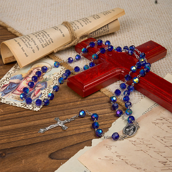 Christianartworkshop Wundertätige Medaille und Kruzifix aus 8 mm blauen funkelnden Glasperlen, Rosenkranz