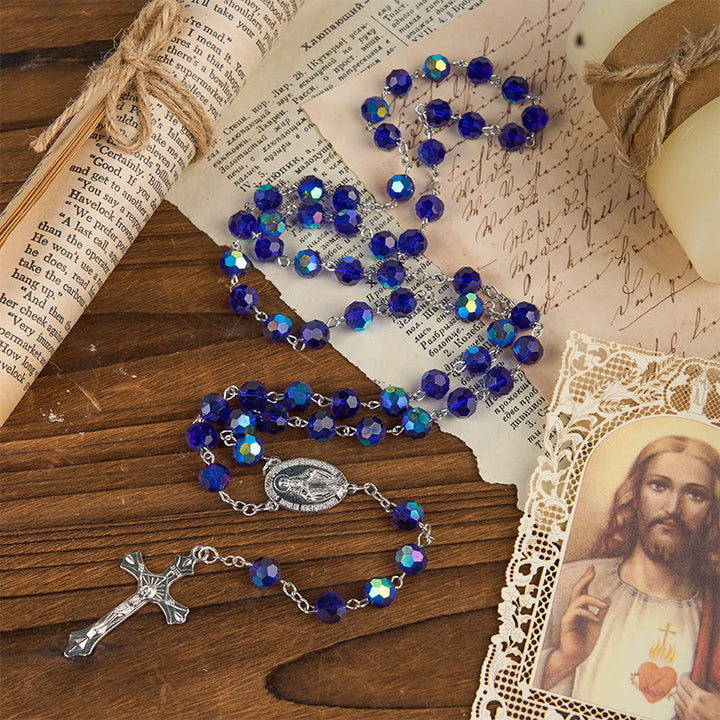 Christianartworkshop Wundertätige Medaille und Kruzifix aus 8 mm blauen funkelnden Glasperlen, Rosenkranz