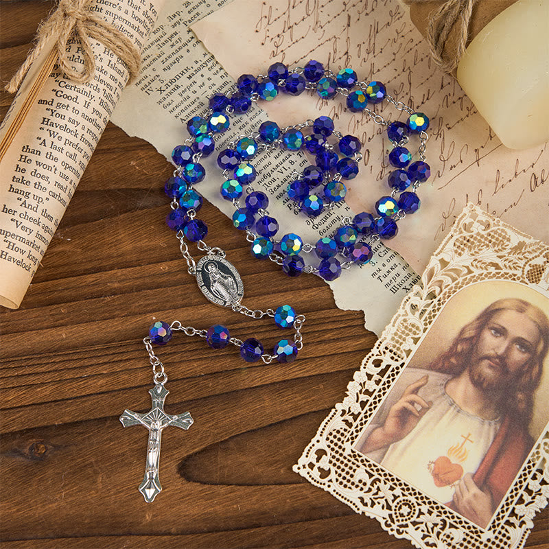 Christianartworkshop Wundertätige Medaille und Kruzifix aus 8 mm blauen funkelnden Glasperlen, Rosenkranz