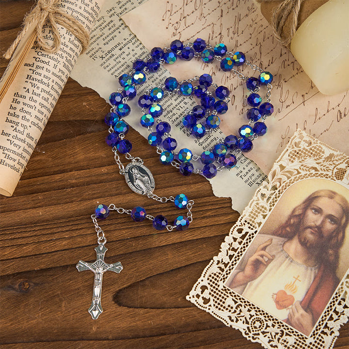 Christianartworkshop Wundertätige Medaille und Kruzifix aus 8 mm blauen funkelnden Glasperlen, Rosenkranz