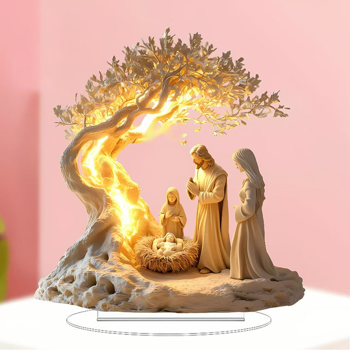 Christianartworkshop Leuchtendes Desktop-Ornament der Krippe von Jesus: Die heilige Geburt unter dem heiligen Baum