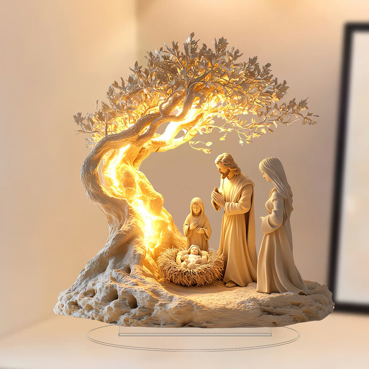 Christianartworkshop Leuchtendes Desktop-Ornament der Krippe von Jesus: Die heilige Geburt unter dem heiligen Baum