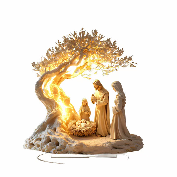 Christianartworkshop Leuchtendes Desktop-Ornament der Krippe von Jesus: Die heilige Geburt unter dem heiligen Baum