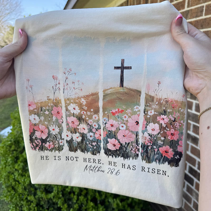 Christianartworkshop Er ist auferstanden – Glaubensinspiriertes T-Shirt mit Blumenkreuz - image 2