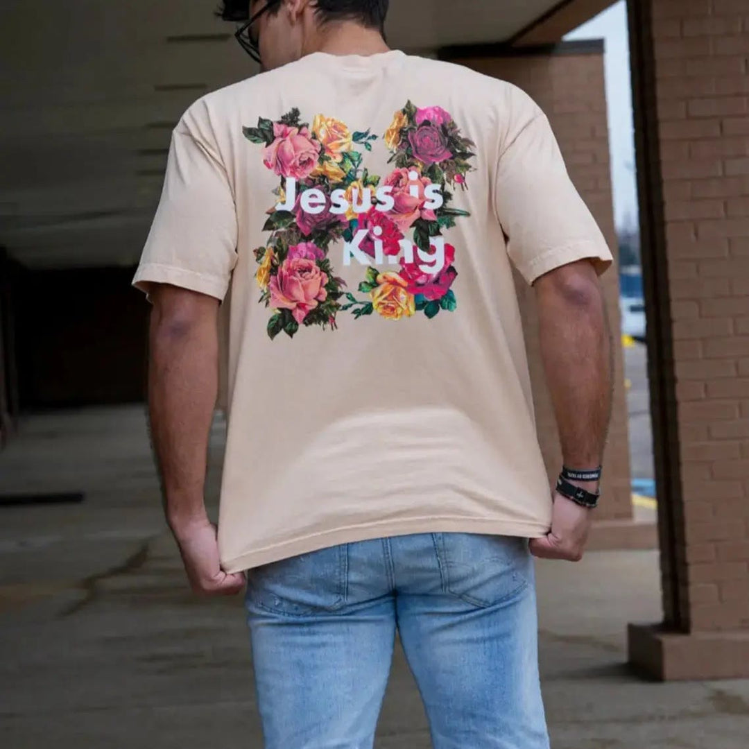 Christianartworkshop Christliches T-Shirt mit Blumenverzierung „Jesus ist König“