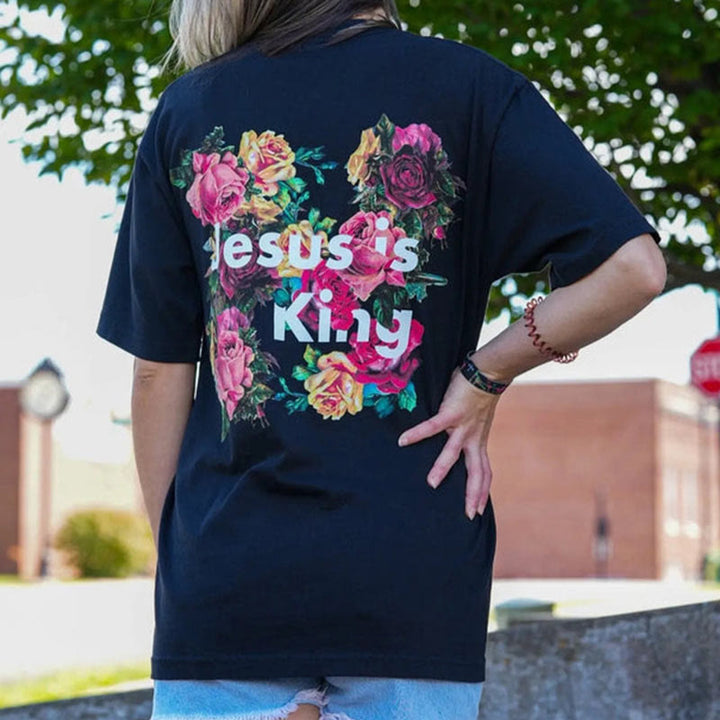 Christianartworkshop Christliches T-Shirt mit Blumenverzierung „Jesus ist König“