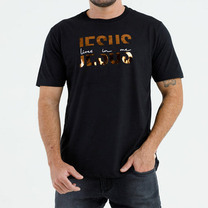 Christianartworkshop Glamorous Faith Jesus Lives in Me Christliches T-Shirt mit goldenem Text