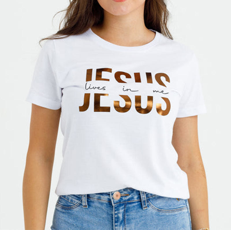 Christianartworkshop Glamorous Faith Jesus Lives in Me Christliches T-Shirt mit goldenem Text