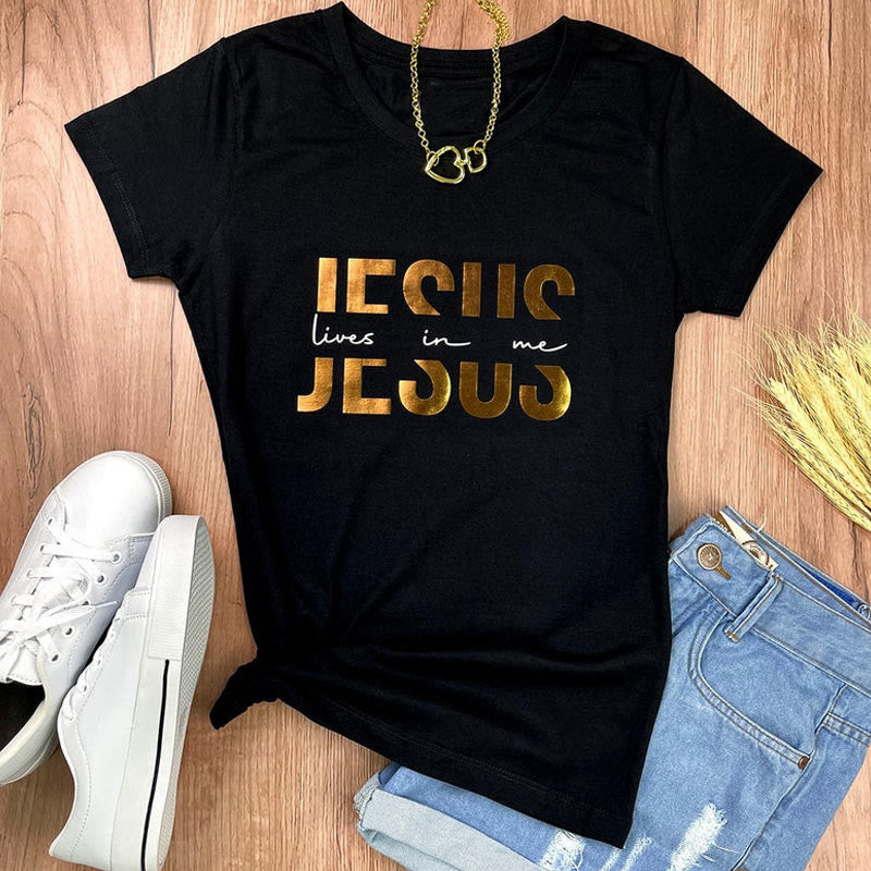 Christianartworkshop Glamorous Faith Jesus Lives in Me Christliches T-Shirt mit goldenem Text