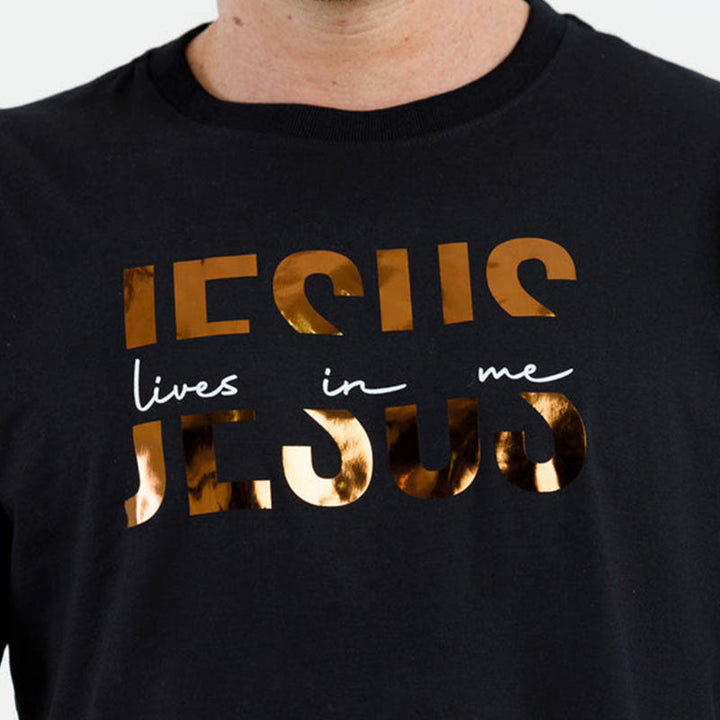 Christianartworkshop Glamorous Faith Jesus Lives in Me Christliches T-Shirt mit goldenem Text