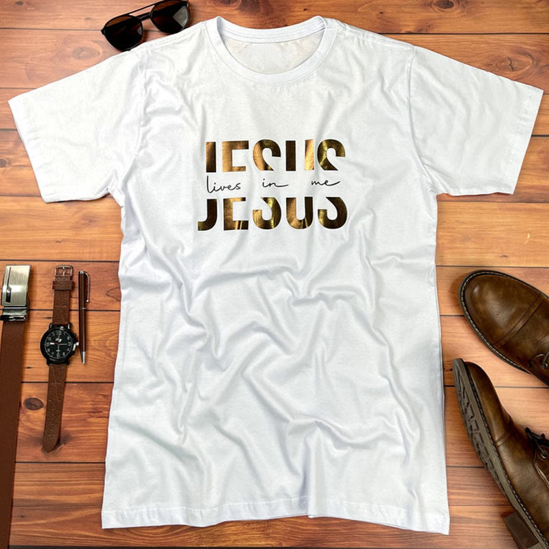 Christianartworkshop Glamorous Faith Jesus Lives in Me Christliches T-Shirt mit goldenem Text