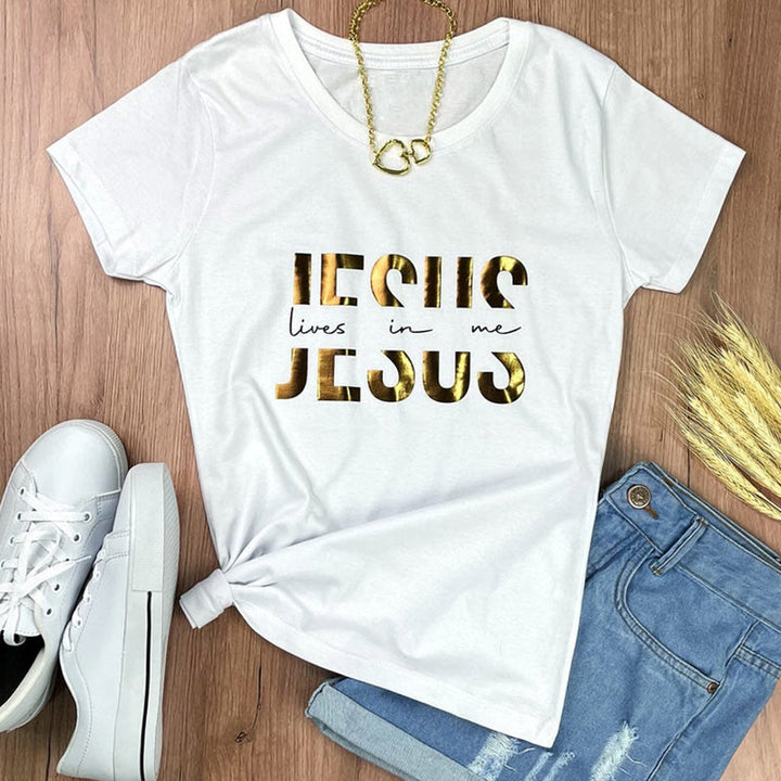 Christianartworkshop Glamorous Faith Jesus Lives in Me Christliches T-Shirt mit goldenem Text