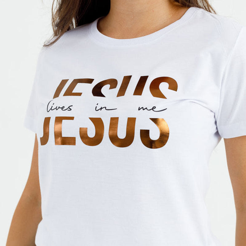 Christianartworkshop Glamorous Faith Jesus Lives in Me Christliches T-Shirt mit goldenem Text