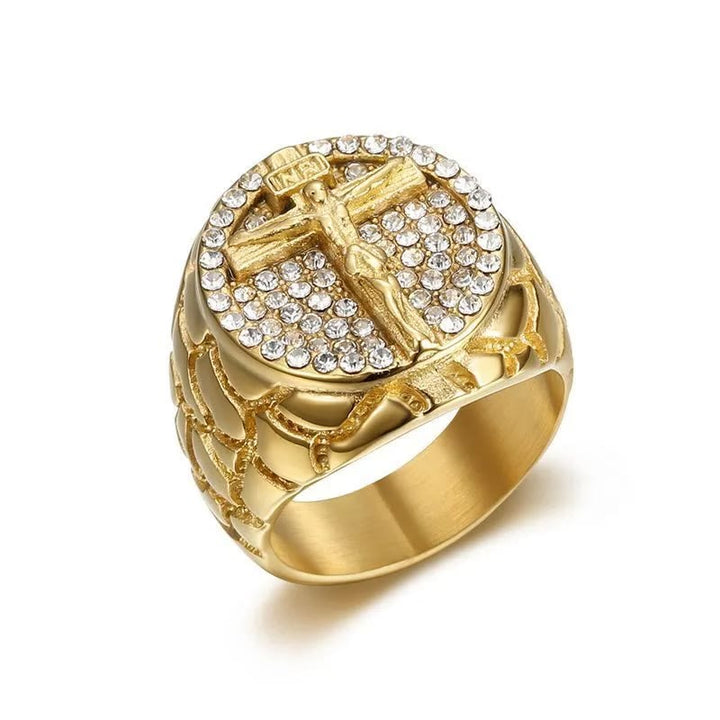 Christianartworkshop Schmücken Sie Ihren Glauben: Der Kruzifixring mit göttlichem goldenen Muster und Edelsteinen
