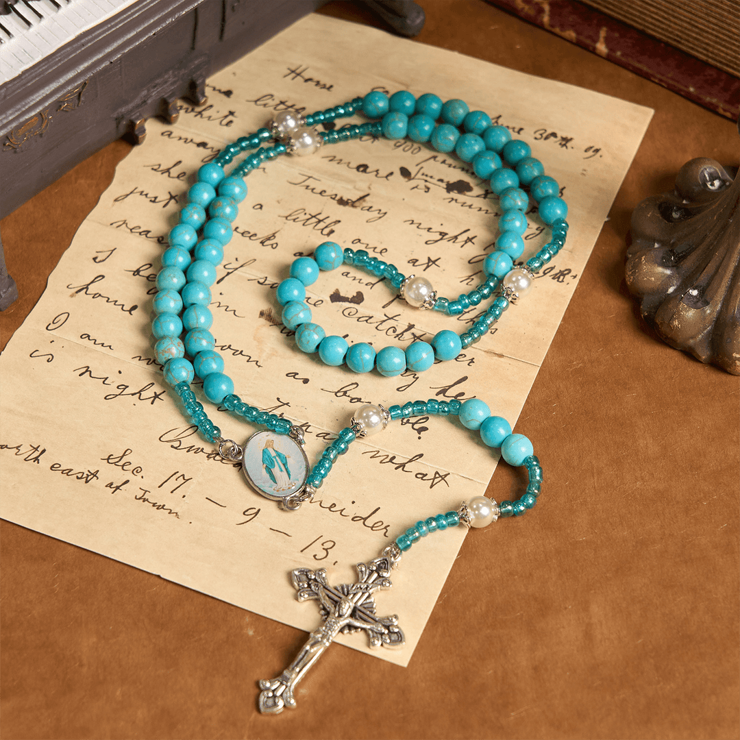 Christianartworkshop Rosenkranz mit Medaille und Kruzifix Unserer Lieben Frau aus 8 mm runden blau-türkisfarbenen Perlen - Wundertätige Medaille & Kruzifix - image 0