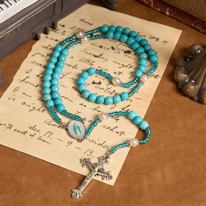 Christianartworkshop Rosenkranz mit Medaille und Kruzifix Unserer Lieben Frau aus 8 mm runden blau-türkisfarbenen Perlen - Wundertätige Medaille & Kruzifix - image 0