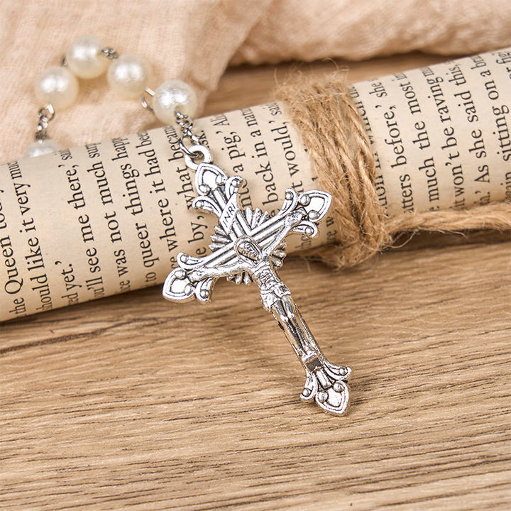 Christianartworkshop Rosenkranz mit Medaille und Kruzifix Unserer Lieben Frau aus 8 mm runden weißen Acrylperlen