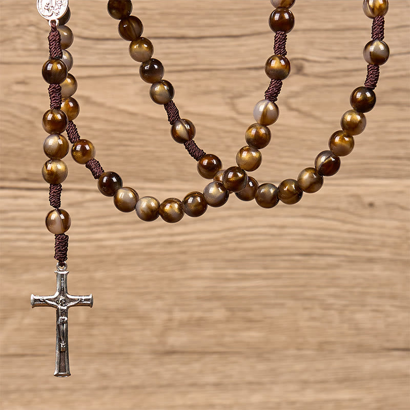Christianartworkshop Medaille und Kruzifix Unserer Lieben Frau aus 10 mm braunen runden Acrylperlen, göttlicher Rosenkranz