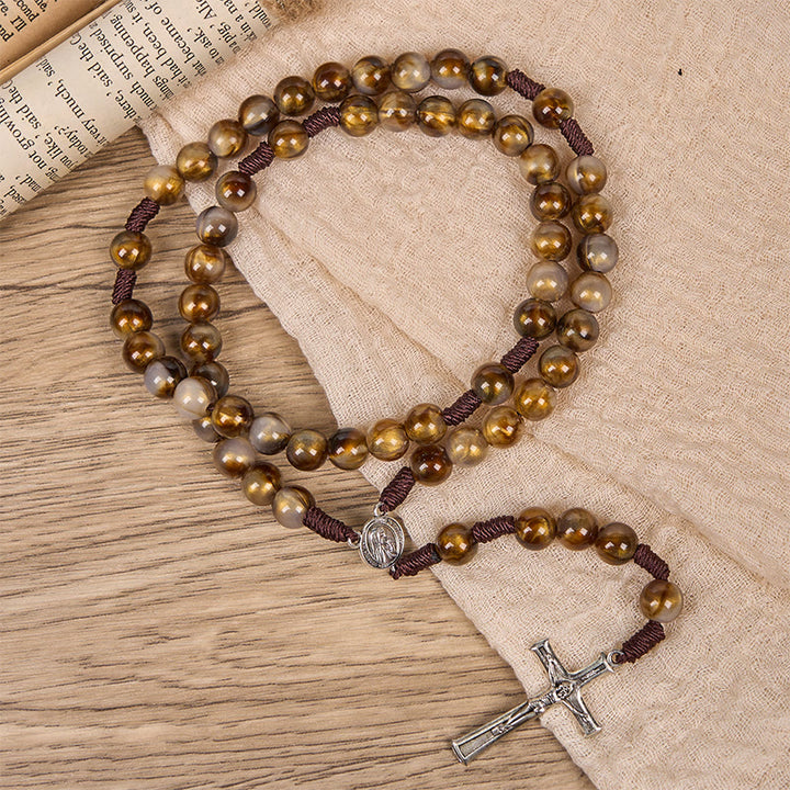 Christianartworkshop Medaille und Kruzifix Unserer Lieben Frau aus 10 mm braunen runden Acrylperlen, göttlicher Rosenkranz
