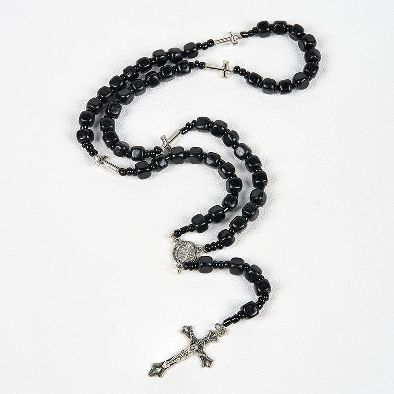 Christianartworkshop St. Benedikt-Medaille und Kruzifix aus 8 mm runden schwarzen Holzperlen, Rosenkranz