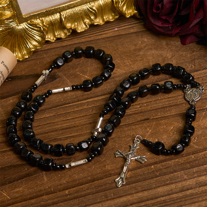 Christianartworkshop St. Benedikt-Medaille und Kruzifix aus 8 mm runden schwarzen Holzperlen, Rosenkranz