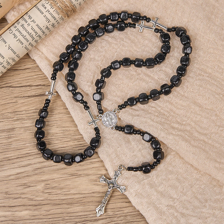 Christianartworkshop St. Benedikt-Medaille und Kruzifix aus 8 mm runden schwarzen Holzperlen, Rosenkranz