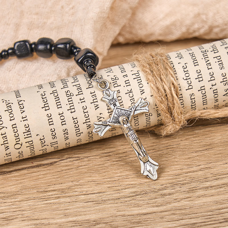 Christianartworkshop St. Benedikt-Medaille und Kruzifix aus 8 mm runden schwarzen Holzperlen, Rosenkranz