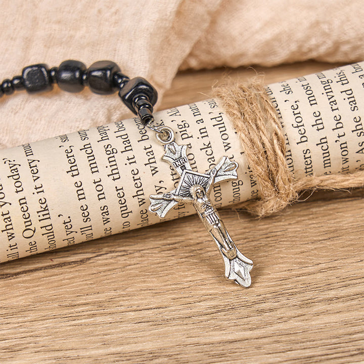 Christianartworkshop St. Benedikt-Medaille und Kruzifix aus 8 mm runden schwarzen Holzperlen, Rosenkranz