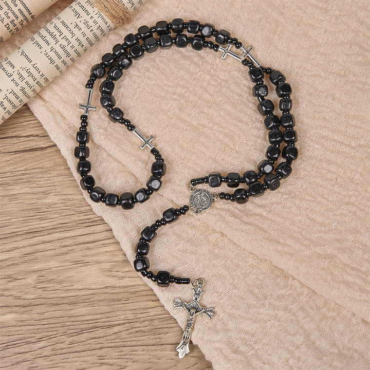 Christianartworkshop St. Benedikt-Medaille und Kruzifix aus 8 mm runden schwarzen Holzperlen, Rosenkranz
