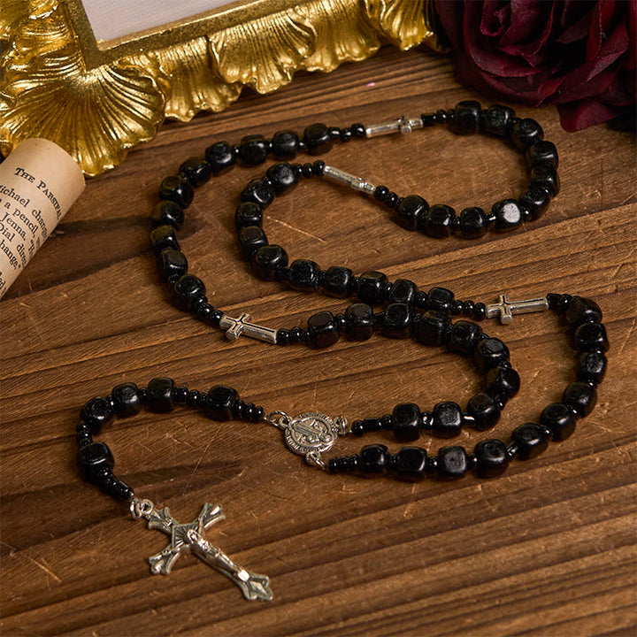 Christianartworkshop St. Benedikt-Medaille und Kruzifix aus 8 mm runden schwarzen Holzperlen, Rosenkranz
