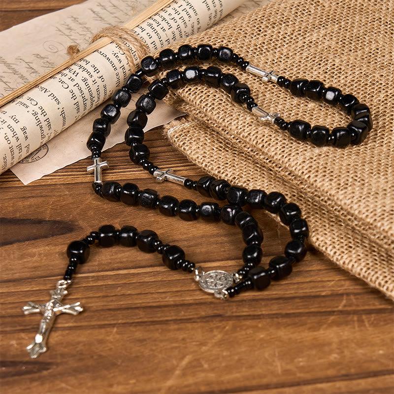Christianartworkshop St. Benedikt-Medaille und Kruzifix aus 8 mm runden schwarzen Holzperlen, Rosenkranz