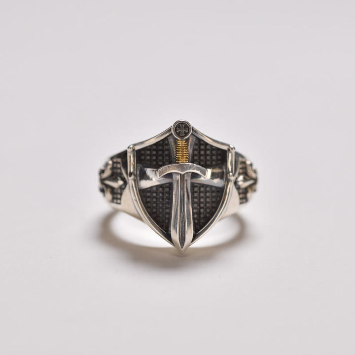 Christianartworkshop Der unsterbliche Glaubensschild-, Schwert- und Irisring: Ein Symbol des Glaubens und der Stärke
