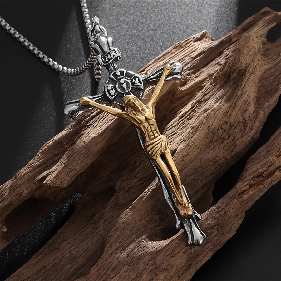 Christianartworkshop Zweifarbige Halskette aus Stahl mit Kruzifix – Das göttliche Opfer