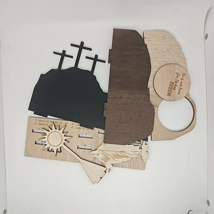 Christianartworkshop 7-teiliges Set „Er ist auferstanden“ Jesuskreuz aus Holz, Osterdeko für den Schreibtisch